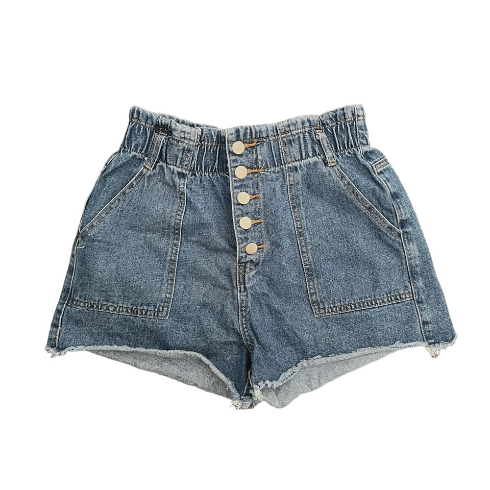 High-Waist Button Front Denim Shorts in Blue